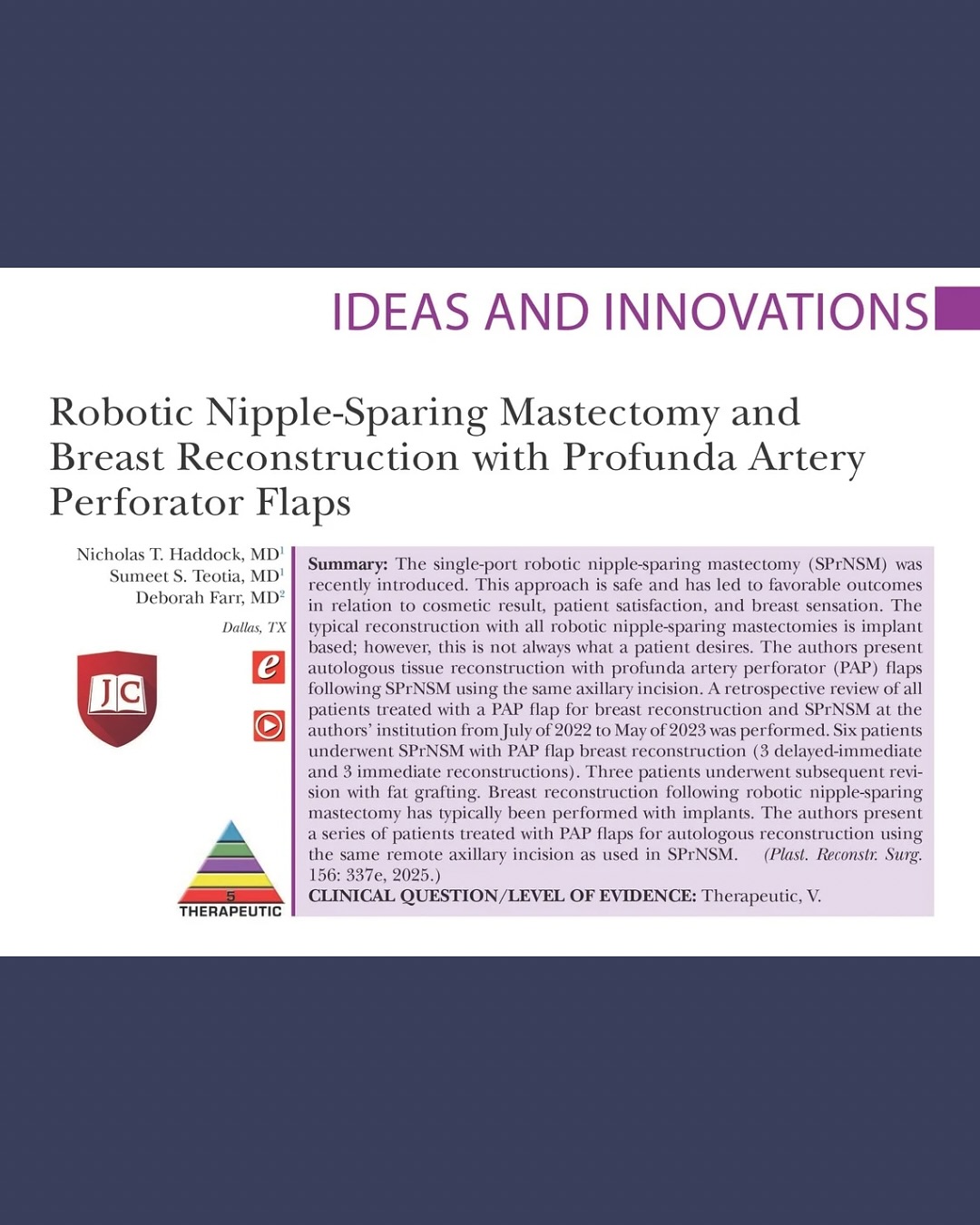 The published paper in Plastic and Reconstructive Surgery