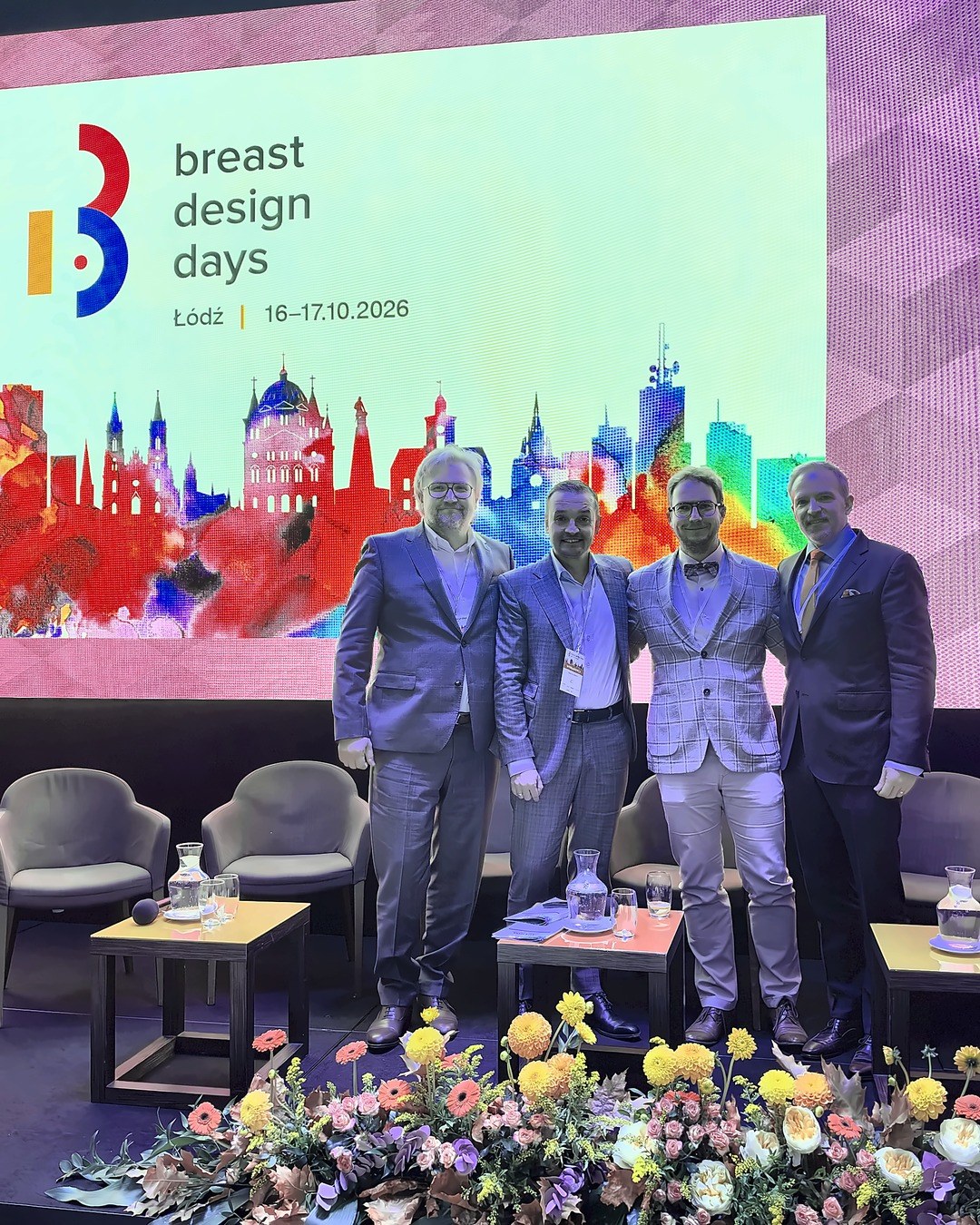 Dr. Nicholas Haddock on stage at Breast Design Days with Dr. Michał Lewandowicz, Dr. Daniel Maliszewski and Dr. Dominik Walczak